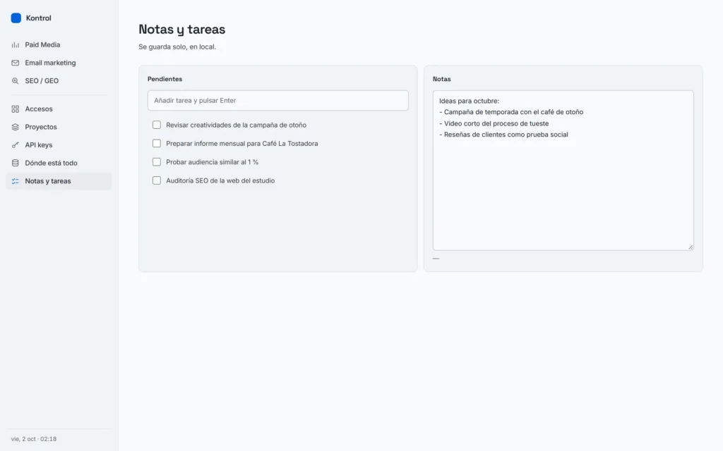 Notas y tareas, guardadas en local (datos de ejemplo).
