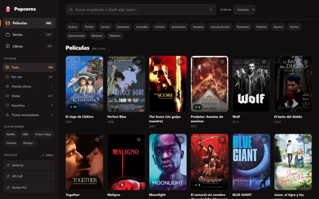 La biblioteca: películas, series y libros, con filtros por estado, género y plataforma.