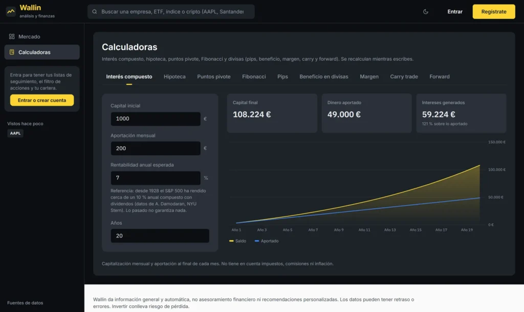 Calculadoras: interés compuesto, hipoteca, puntos pivote, Fibonacci y divisas.